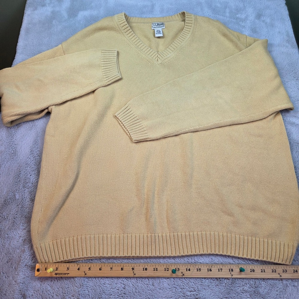Vtg L.L. Bean Sweater Mens XXL V-Neck Ribbed Trim Long Sleeve Yellow Hong Kong